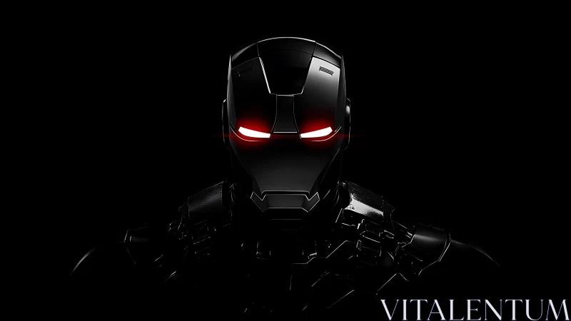 Midnight combat exosuit with burning red visor gaze.