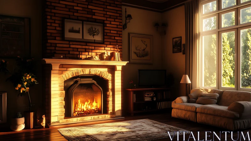 Sunlit brick fireplace living room with warm ambient lighting