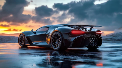 Midnight hypercar prowls a neon sunrise shoreline mirror.