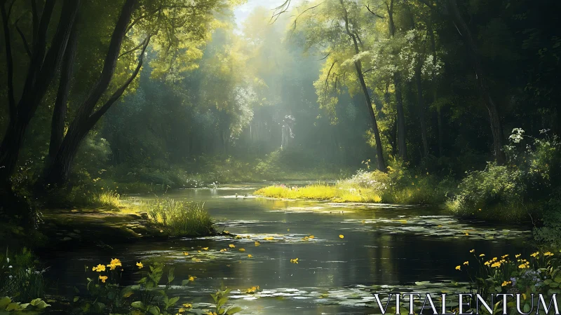 Sunlit Forest Stream with Yellow Wildflowers and Lush Canopy