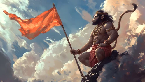Skyward guardian with saffron flag above painted clouds.