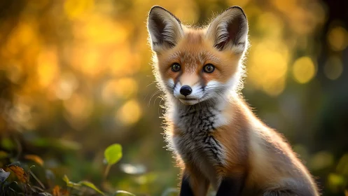 Golden forest fox kit glowing in gentle evening light.