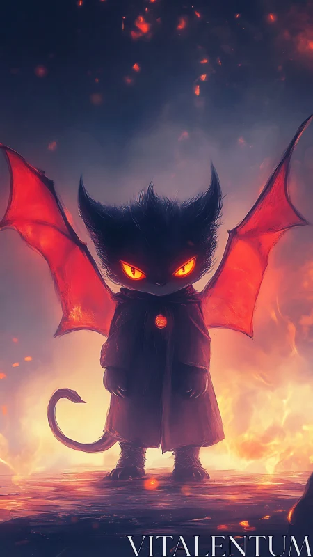 Fiery-eyed chibi demon cat stands amid swirling embers.