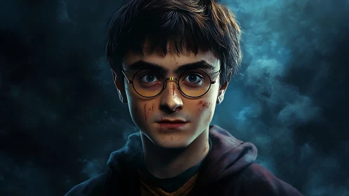 Young wizard stands defiant in swirling blue mist