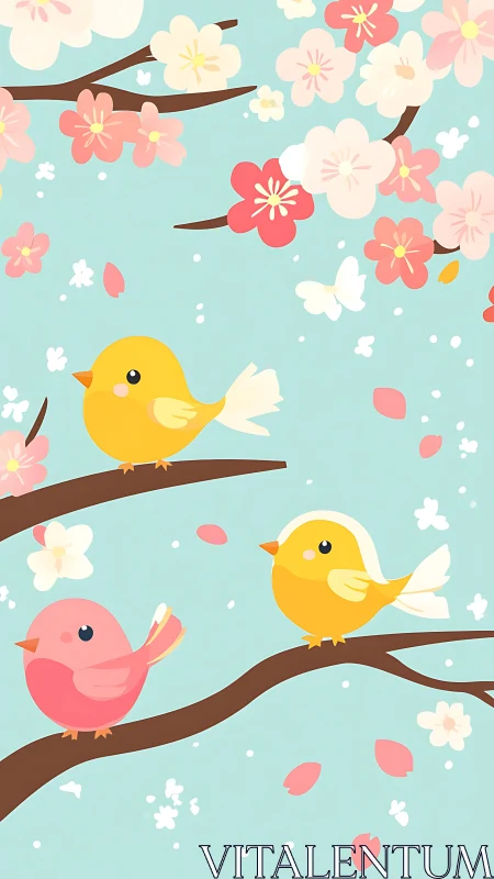 Spring Songbirds with Cherry Blossoms and Botanical Elements.