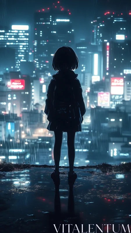 Lone girl gazes over neon city in quiet midnight rain