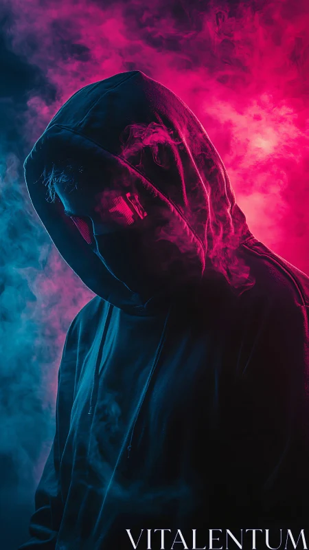 Neon hooded figure in moody cyberpunk vapor haze.