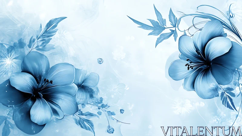 Blue floral composition with botanical elements rendered in watercolor technique