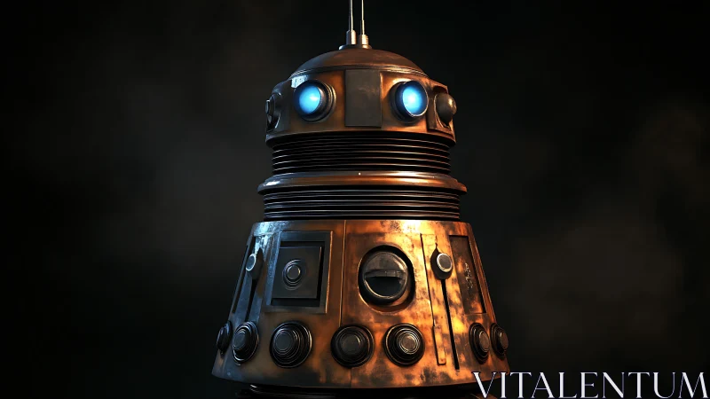 3D steampunk robot portrait with weathered copper chassis.