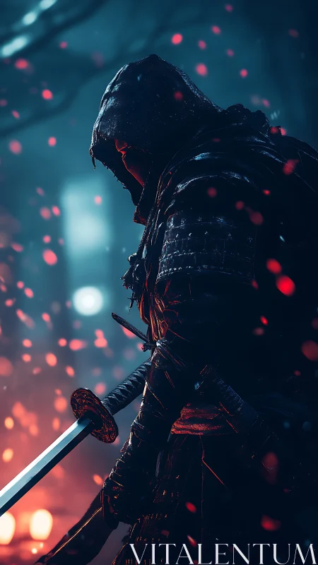 Backlit armored swordsman in hooded cloak amid bokeh embers