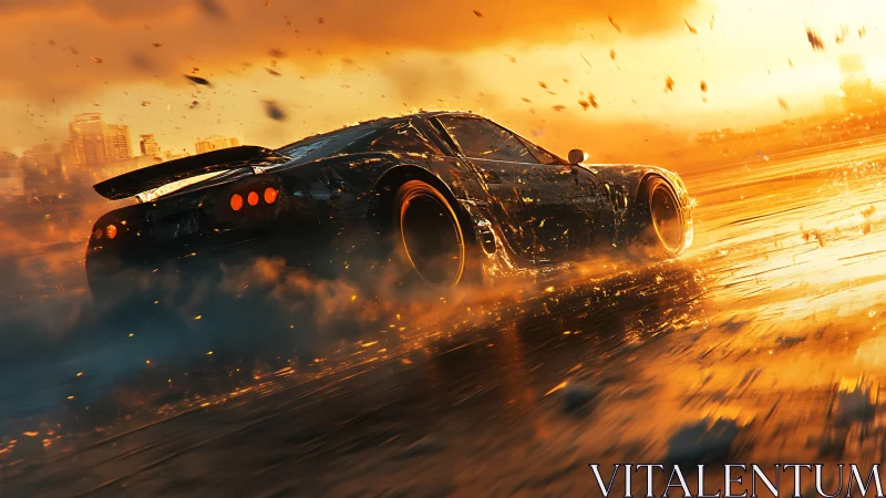 Sunlit supercar drifts through blazing cityside storm.