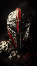 Battle-scarred warrior helm bears bold red central stripe.