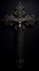 Ornate black crucifix with gold-toned corpus on dark field.