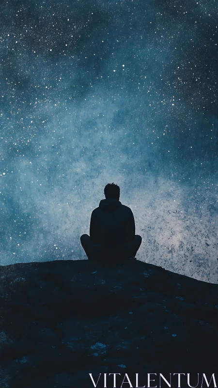 Lone figure in silhouette contemplates a vast starry night sky.