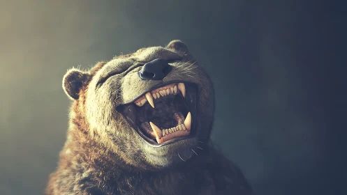 Roaring bear mid-laugh under soft cinematic light.