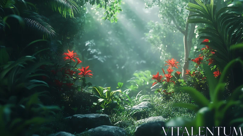 Crimson Blooms Emerge From Enchanted Forest Mist.