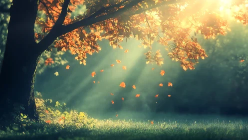 Golden autumn light dancing through a quiet forest grove.