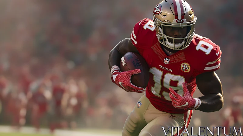 Football wide receiver sprinting with ball in red uniform.