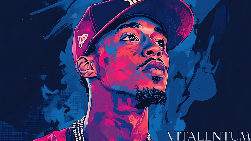 Stylized male portrait in blue and magenta digital art.