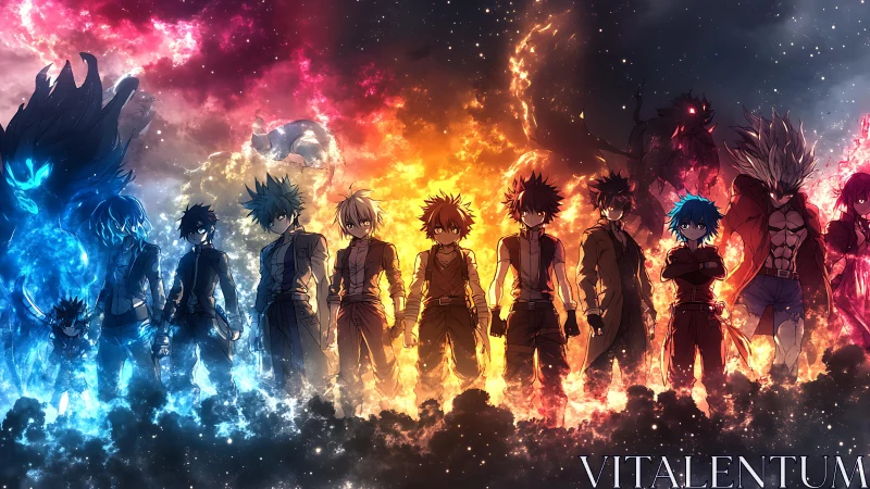 Elemental anime squad in bifurcated nebula-lit formation.