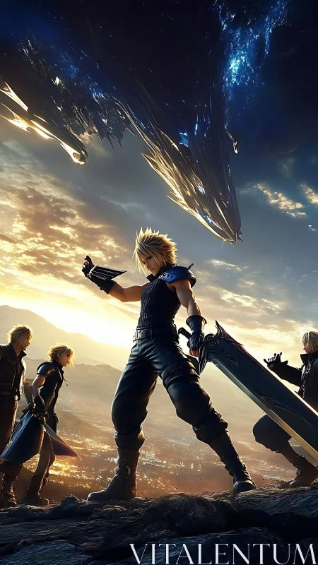 Heroic anime warriors under celestial warship sky panorama.