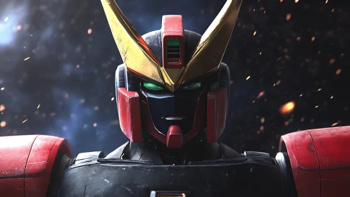 Armored mecha portrait under burning cosmic embers.