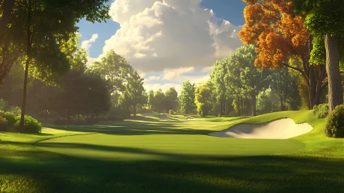 Sunlit golf fairway stretches between lush autumn trees.