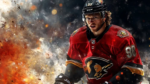 Hockey player charges forward amid explosive fiery energy