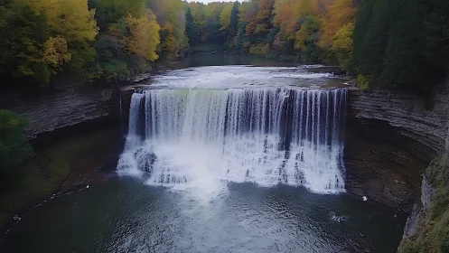 Broad curtain waterfall framed by dense autumn forest