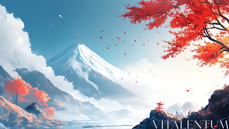 Snowy mountain and red maple trees in calm landscape.