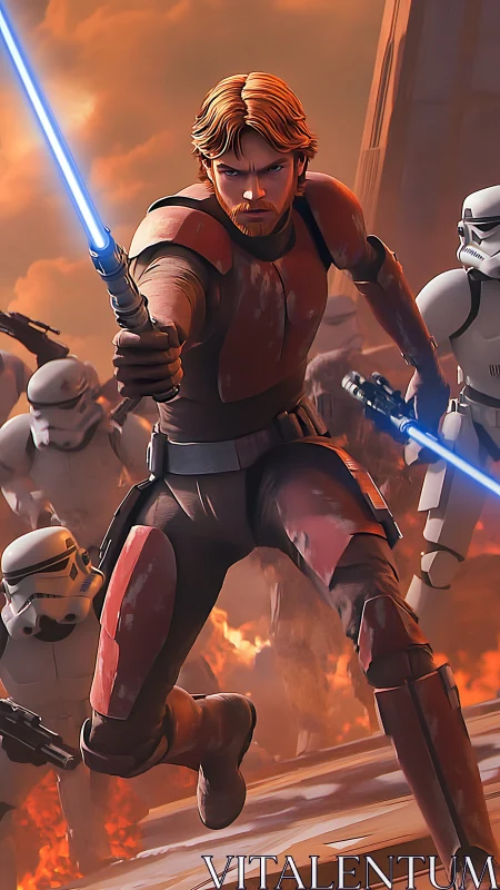 Armored Jedi warrior charging amid troopers and flames