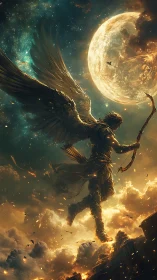 Armored winged archer soaring before a glowing moon.