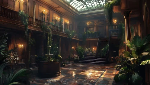 Sunlit vines reclaim a forgotten glass-roofed manor hall