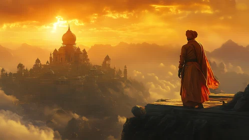 Mystic monk overlooking golden sunrise palace above clouds.