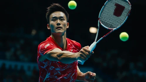 Focused tennis player strikes ball under bright arena lights