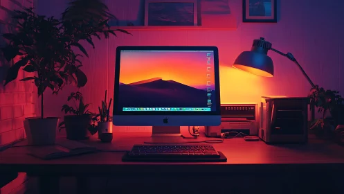 Desktop workspace glows under vibrant neon gradient lighting