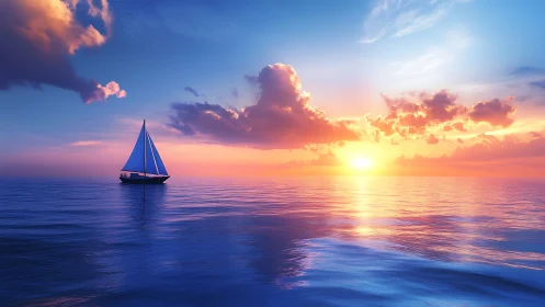 Solitary sailboat crosses calm ocean surface at sunset