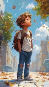 Young boy with backpack standing in sunny autumn street.