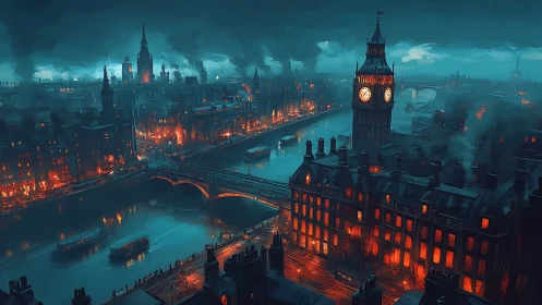 Clocktower cityscape burns under teal industrial fog