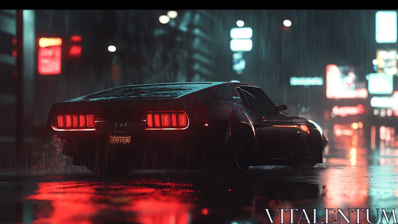 Midnight muscle car cruising through neon city rain.