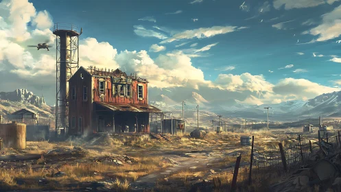 Sunlit desert outpost decays under vast drifting clouds