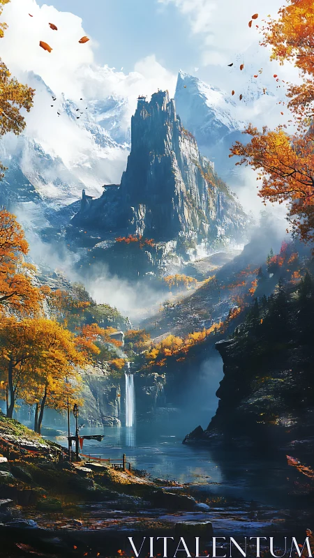 Glacial spire and autumnal valley rendered in digital clarity.