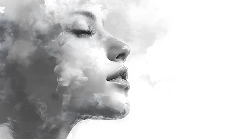 Digital painting of ethereal female profile dissolving into clouds.