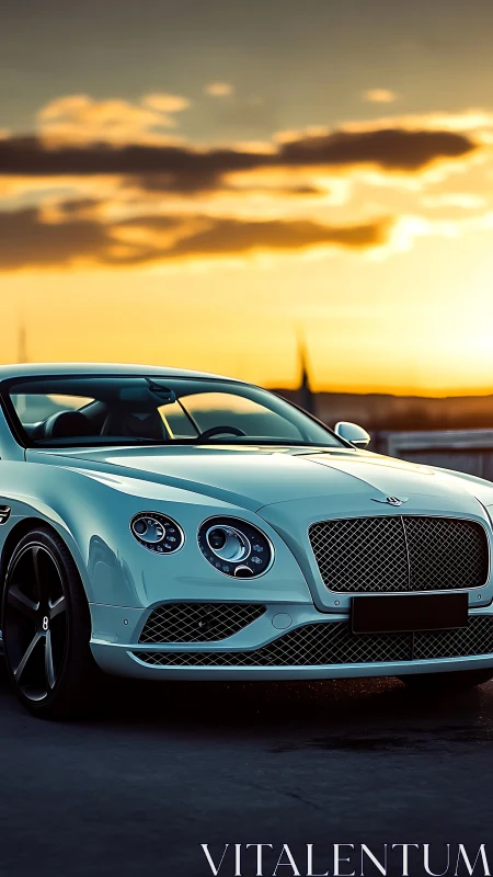 Sunset-lit luxury coupe with reflective chrome grille.