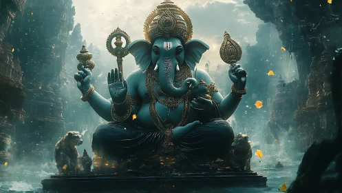 Elephant-headed deity seated in ornate misted temple space.