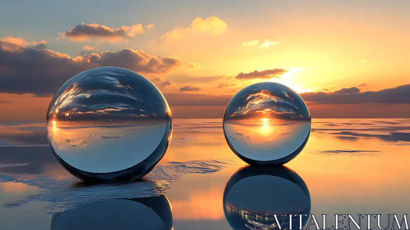 Sunset reflections captured in two floating chrome spheres.