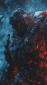 Molten armored mech figure in blue and red atmospheric field.