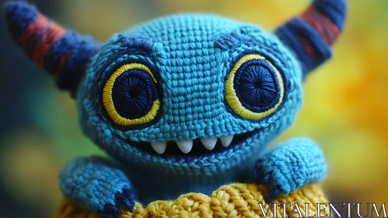 Macro close-up of crocheted blue monster plush with horns