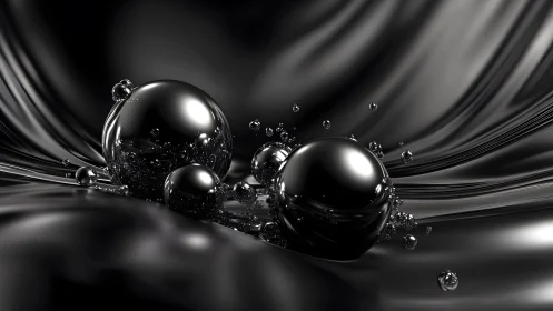 Chrome spheres glide across liquid black reflective waves.