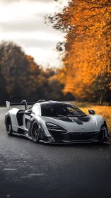 Sleek silver supercar glides along a quiet autumn road